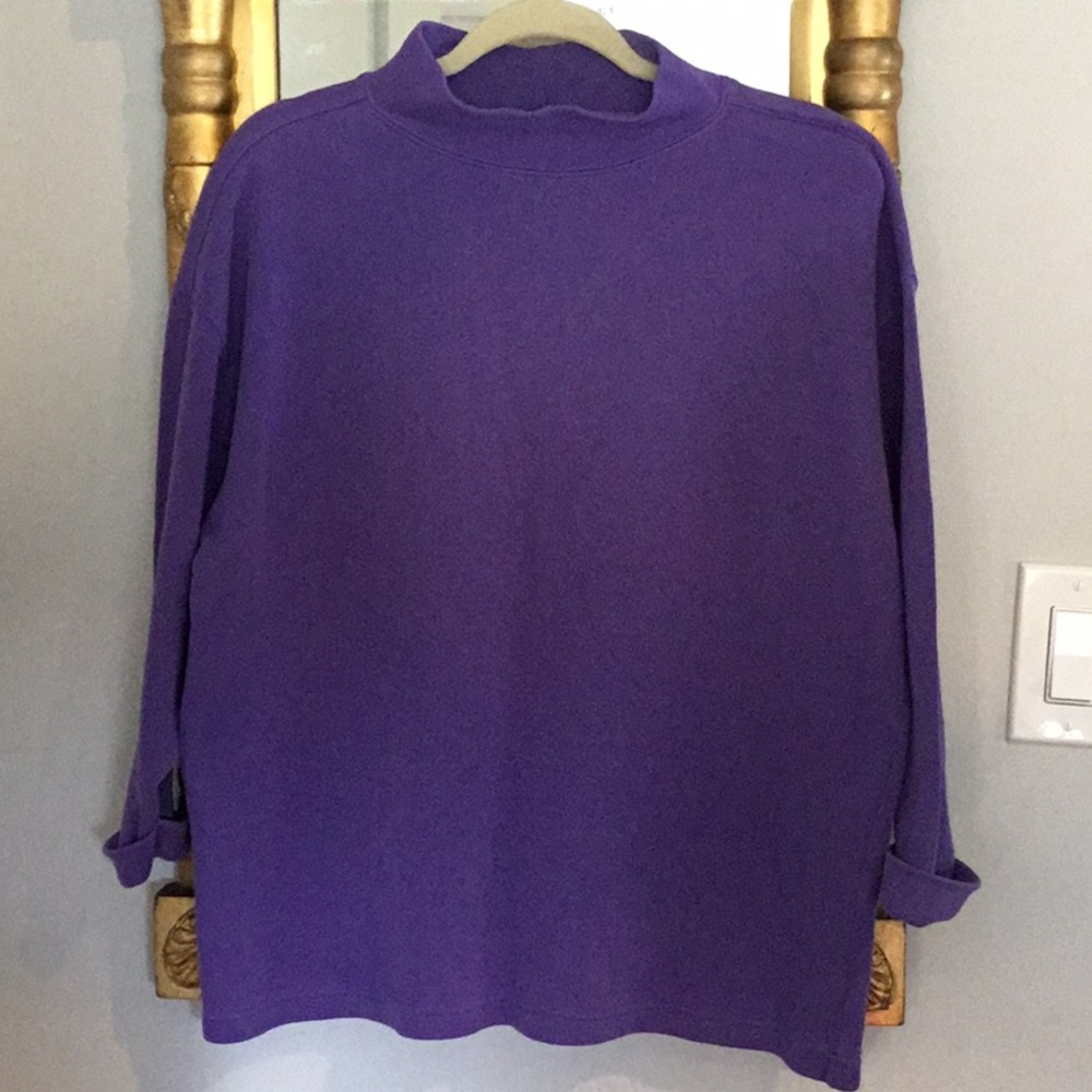 Emerald Club mock turtleneck knit top purple, drop shoulders cuffed sleeve